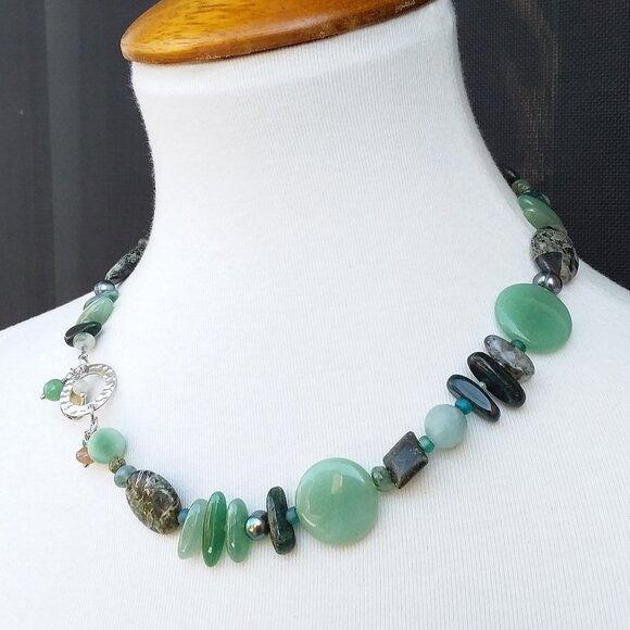 Multi Gemstone Necklace Green Aventurine Agate Pearl 18.5in Custom OOAK - Picture 10 of 11